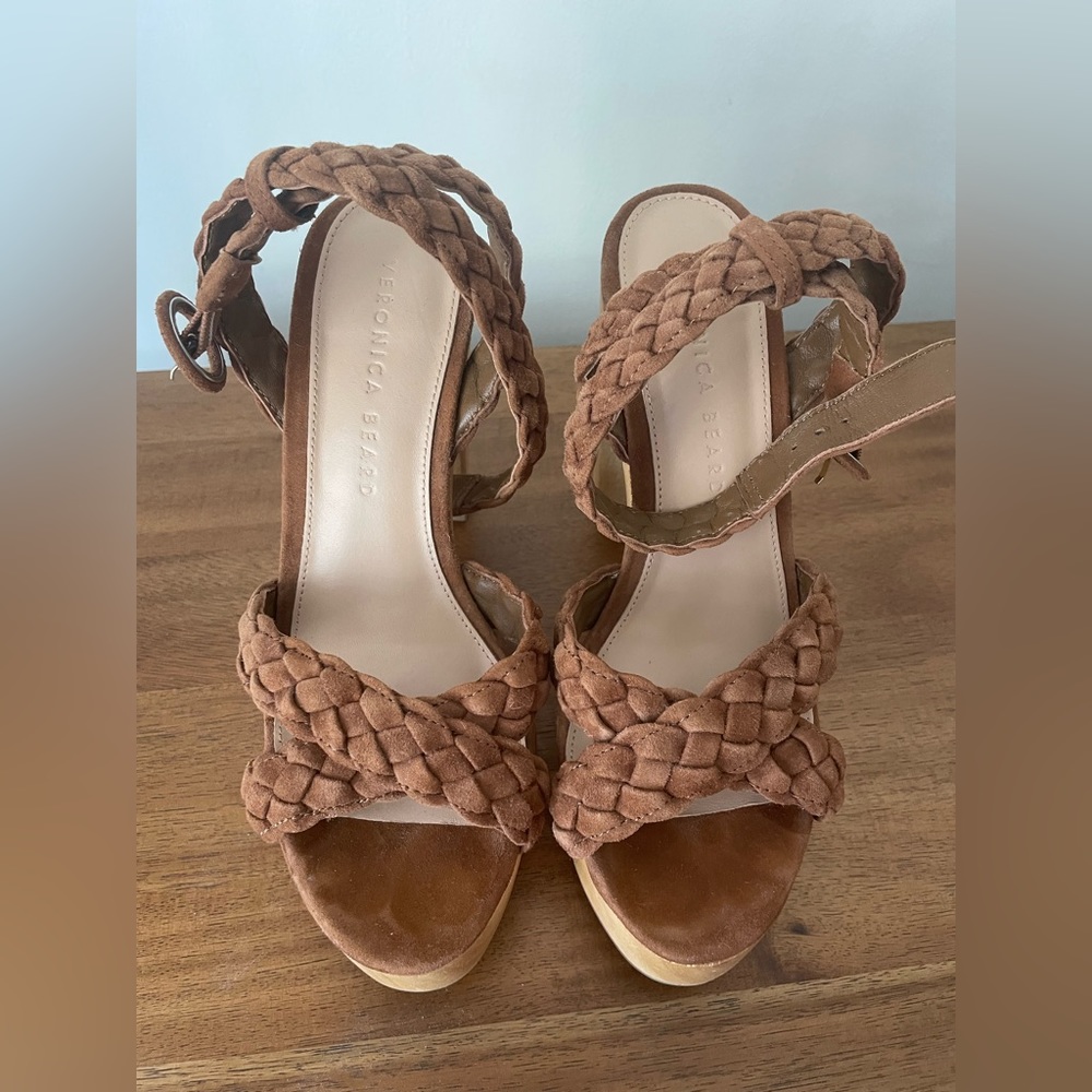 Veronica Beard Gael Suede Braided Ankle-Strap Platform Sandals - Picture 2 of 5